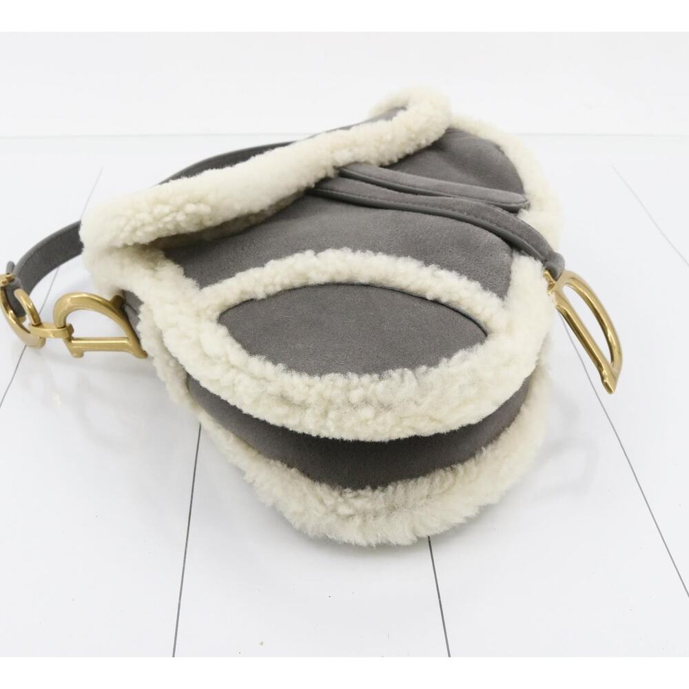 Christian Dior Shearling Saddle Bag Gray Shoulder Purse Suede/Gold CD Rare Auth - Picture 7 of 16